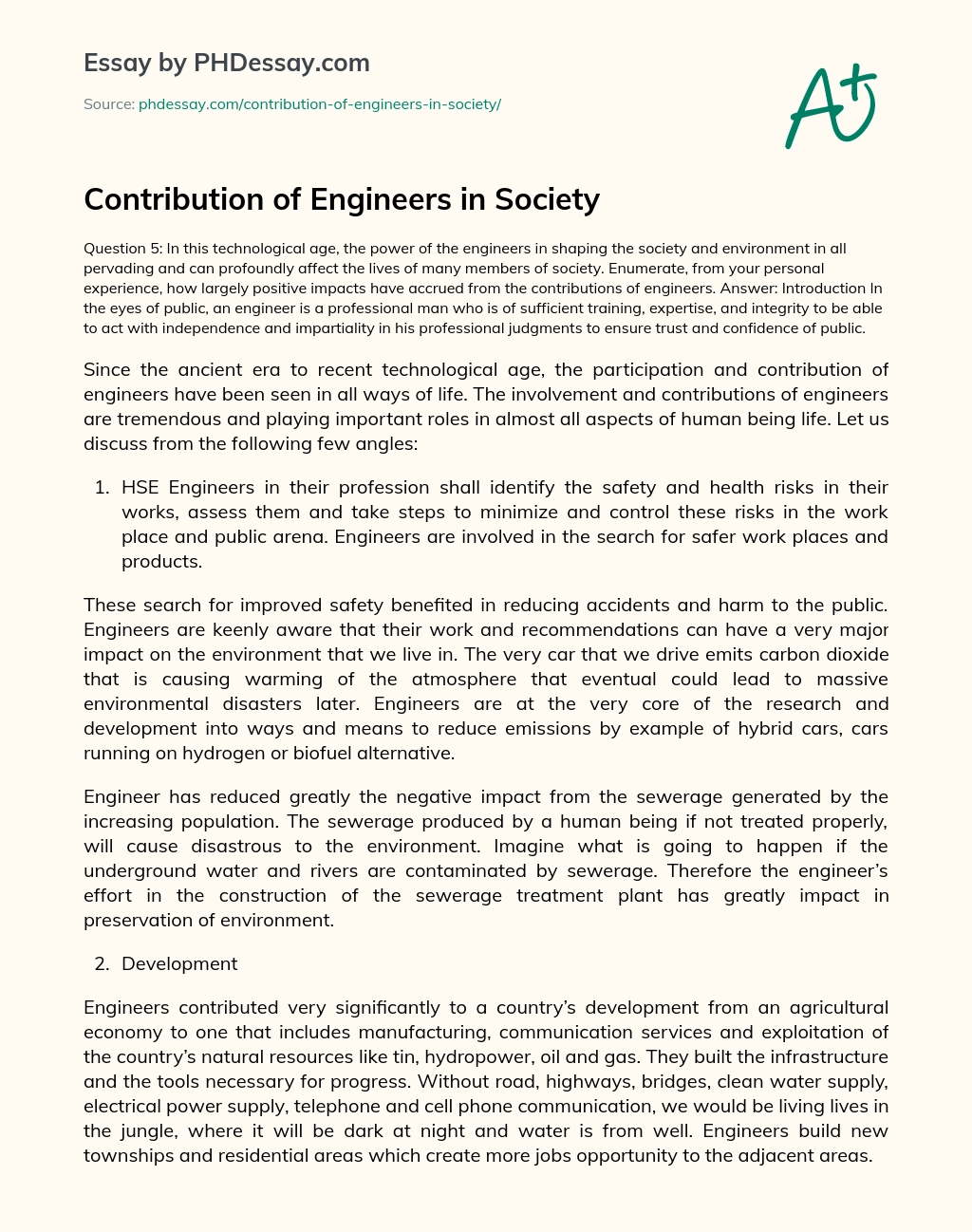 Contribution of Engineers in Society essay