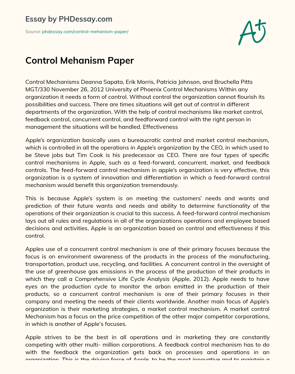 Control Mehanism Paper essay