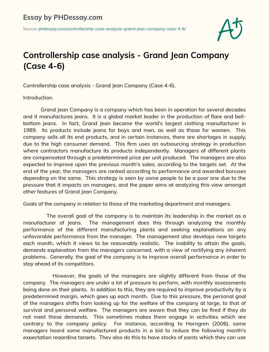 Controllership case analysis – Grand Jean Company (Case 4-6) essay