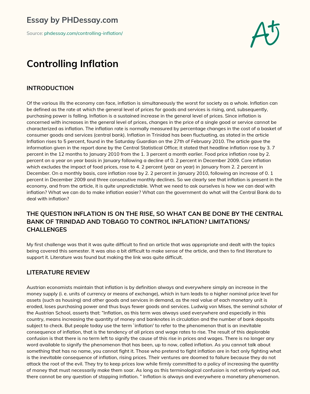 Controlling Inflation essay