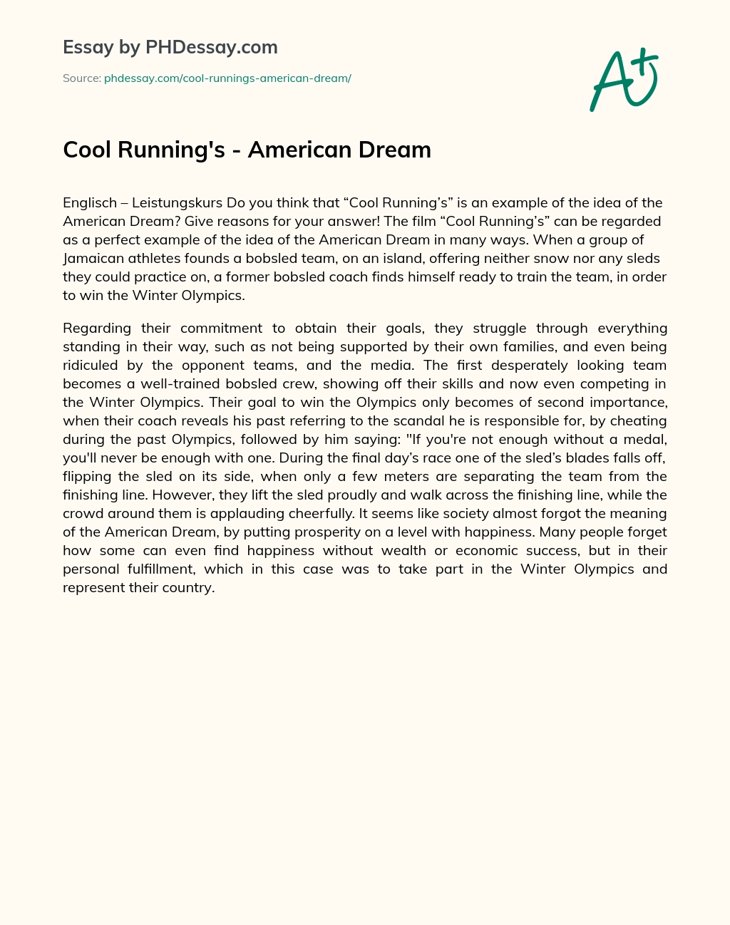 Cool Running’s – American Dream essay
