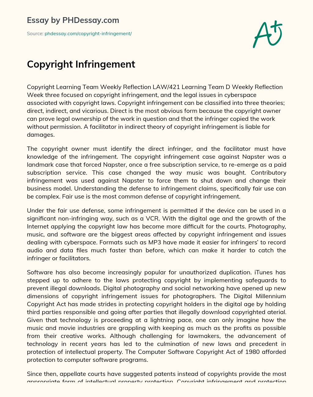 Реферат: Copyright Infringement Essay Research Paper A copyright