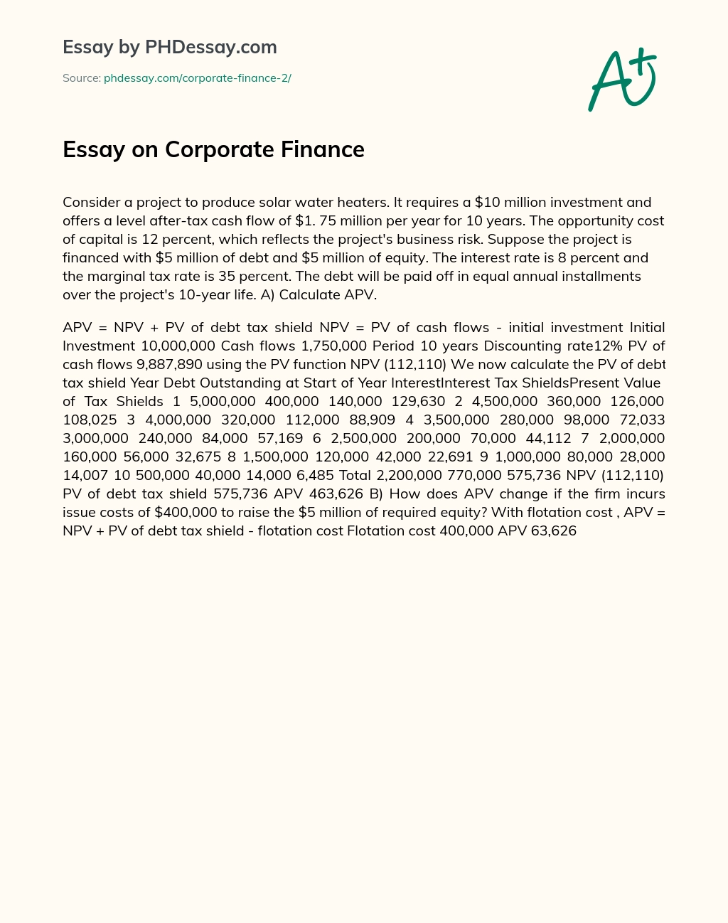 Essay on Corporate Finance essay
