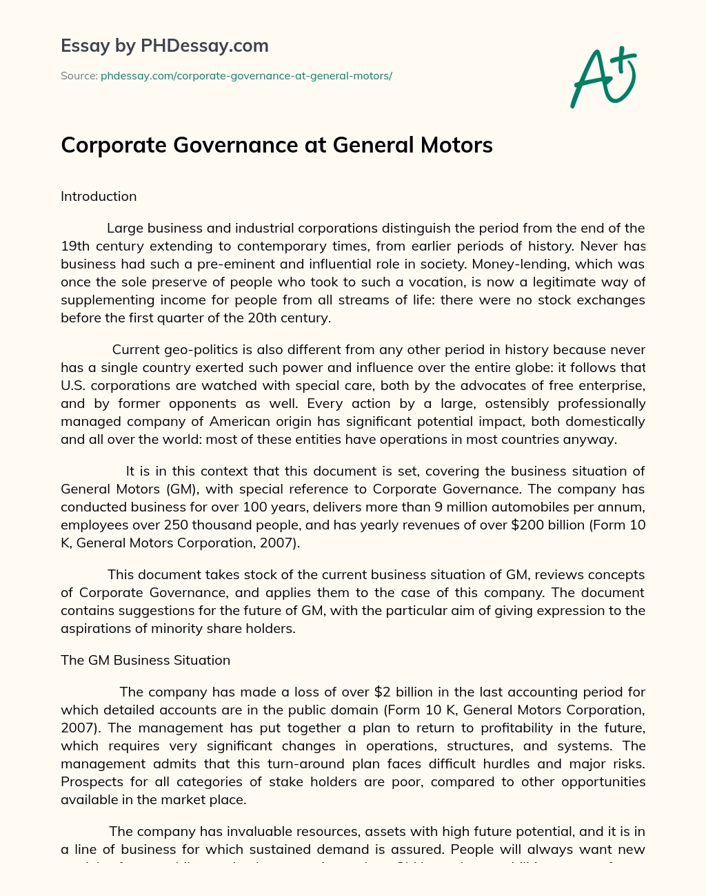Corporate Governance at General Motors essay
