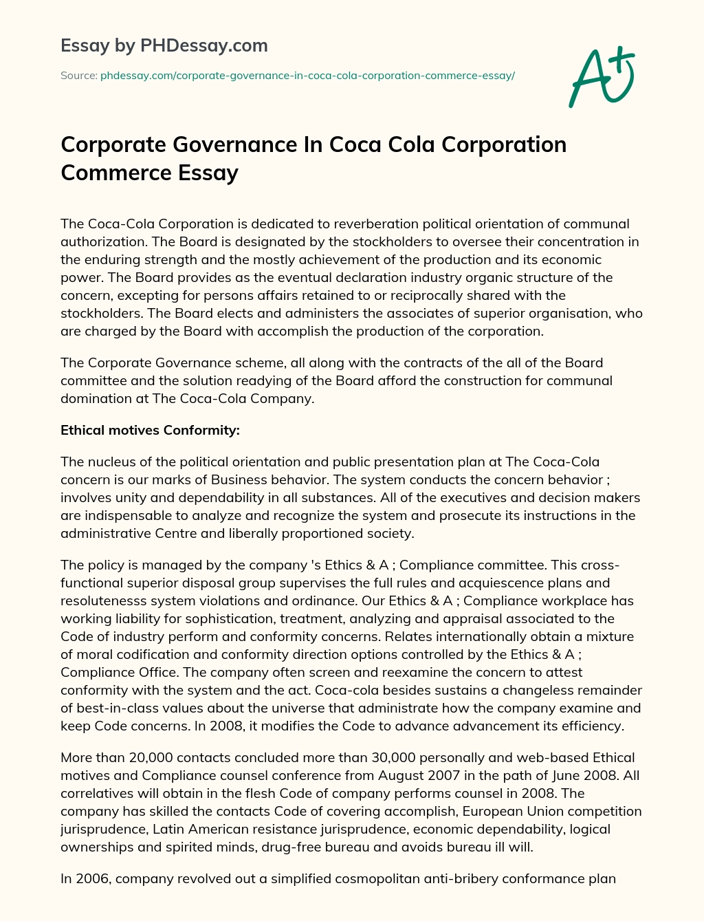 Corporate Governance In Coca Cola Corporation Commerce Essay essay