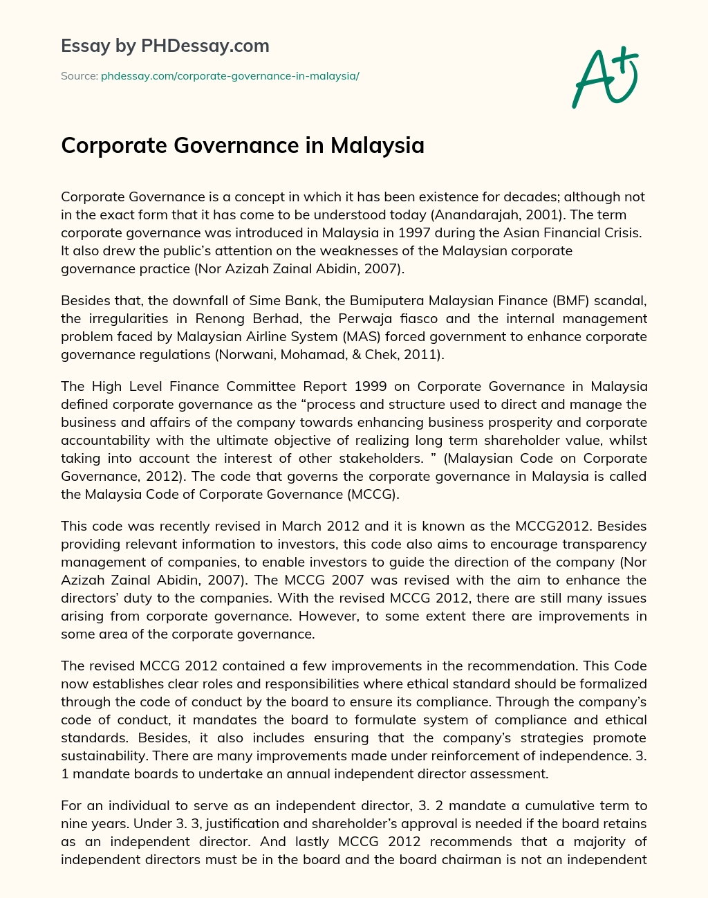 Corporate Governance in Malaysia essay