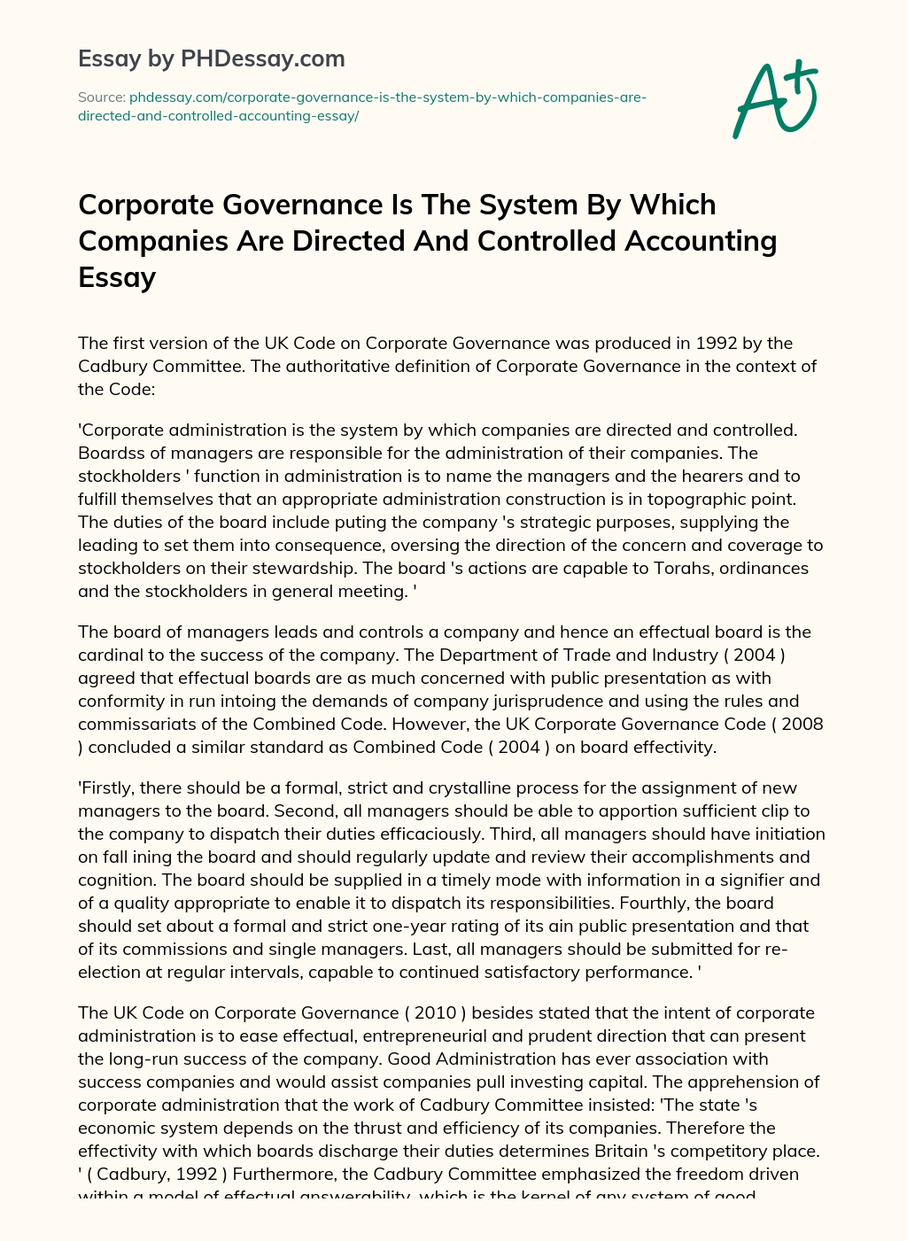 Corporate Governance Is The System By Which Companies Are Directed And Controlled Accounting Essay essay