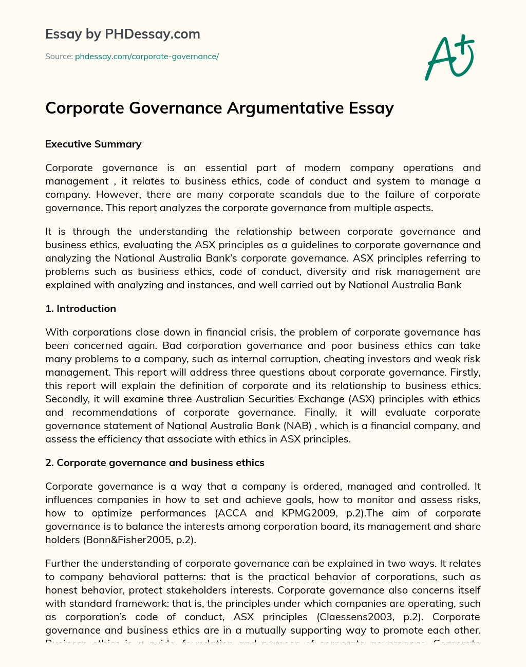 Corporate Governance Argumentative Essay essay