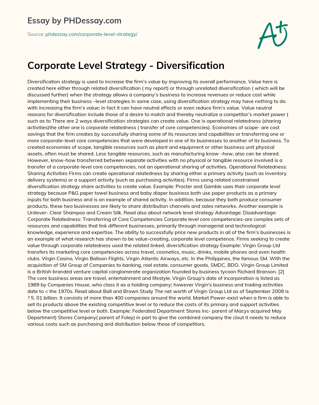 Corporate Level Strategy – Diversification essay