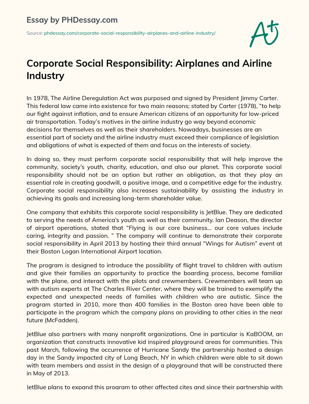 Corporate Social Responsibility: Airplanes and Airline Industry essay