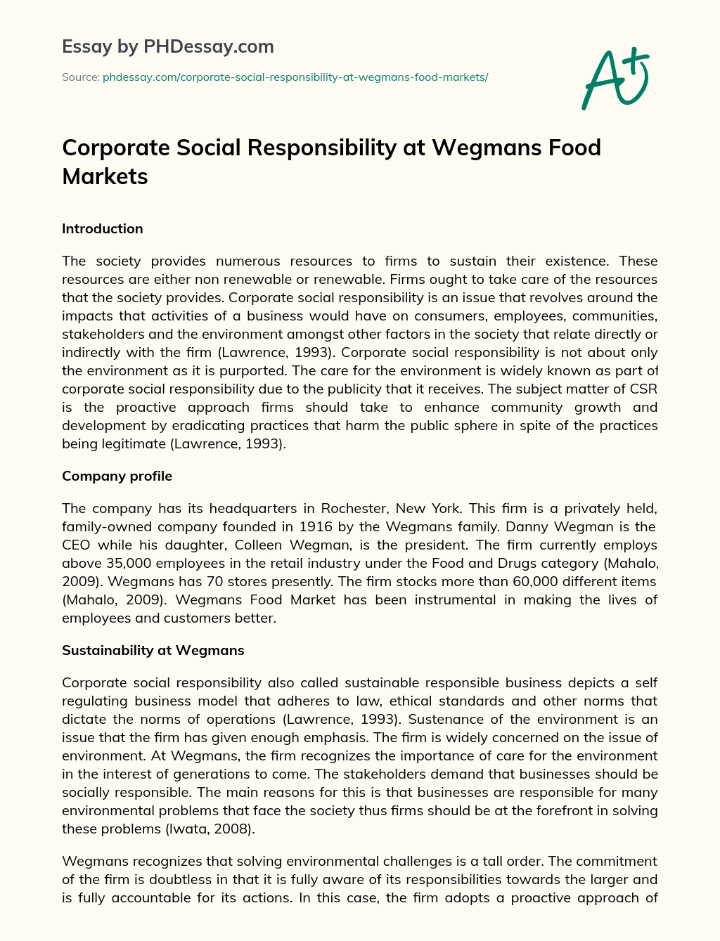 Corporate Social Responsibility at Wegmans Food Markets essay