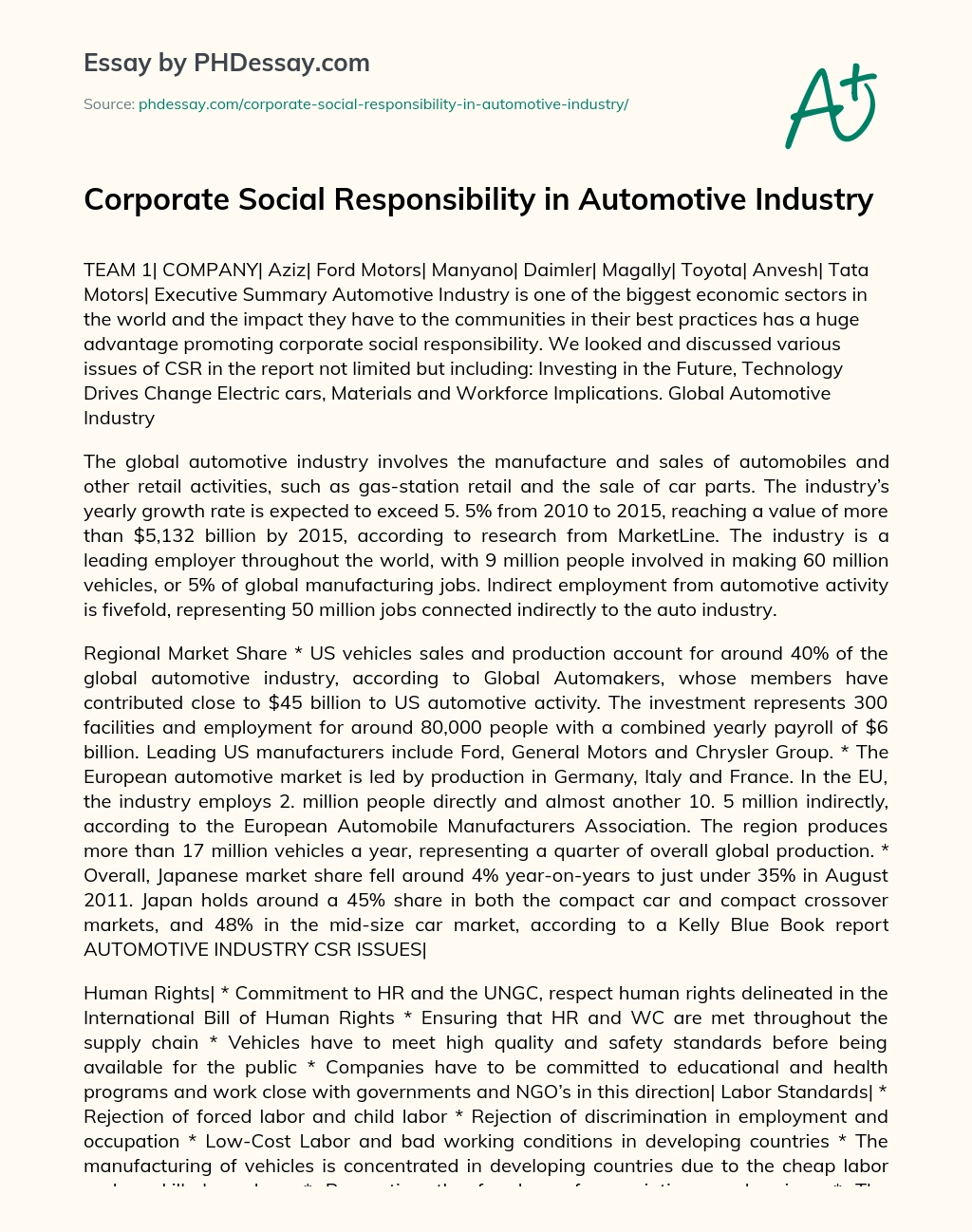 Corporate Social Responsibility in Automotive Industry essay
