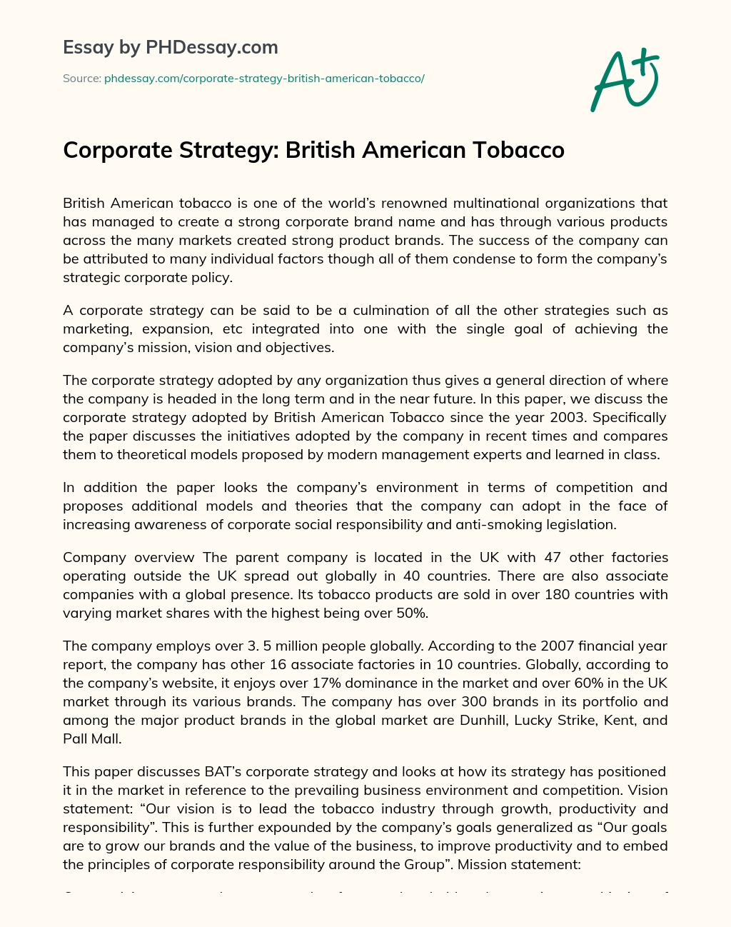 Corporate Strategy: British American Tobacco essay