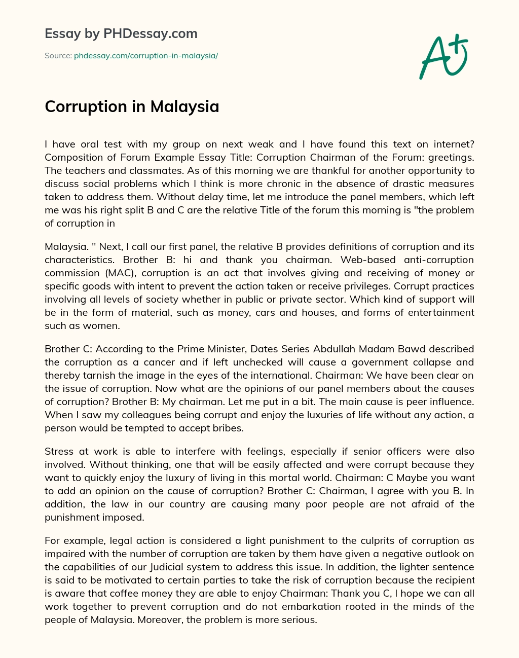 Corruption in Malaysia essay