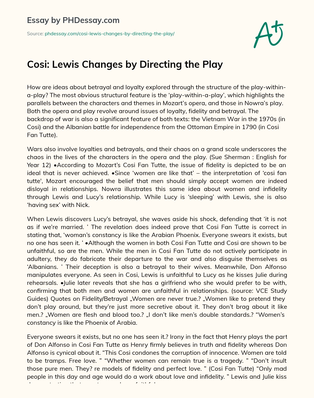 Cosi: Lewis Changes by Directing the Play essay