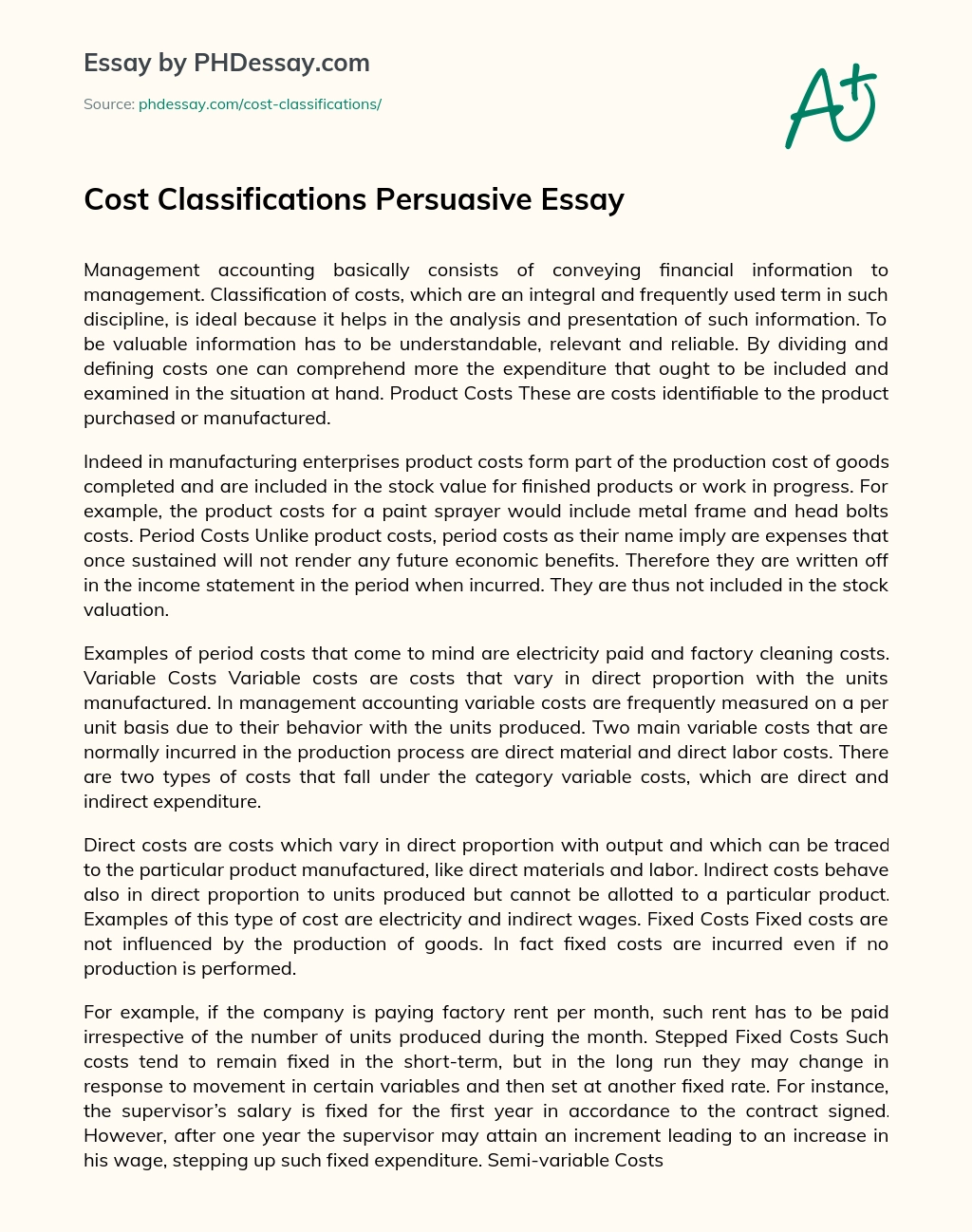 Cost Classifications Persuasive Essay essay