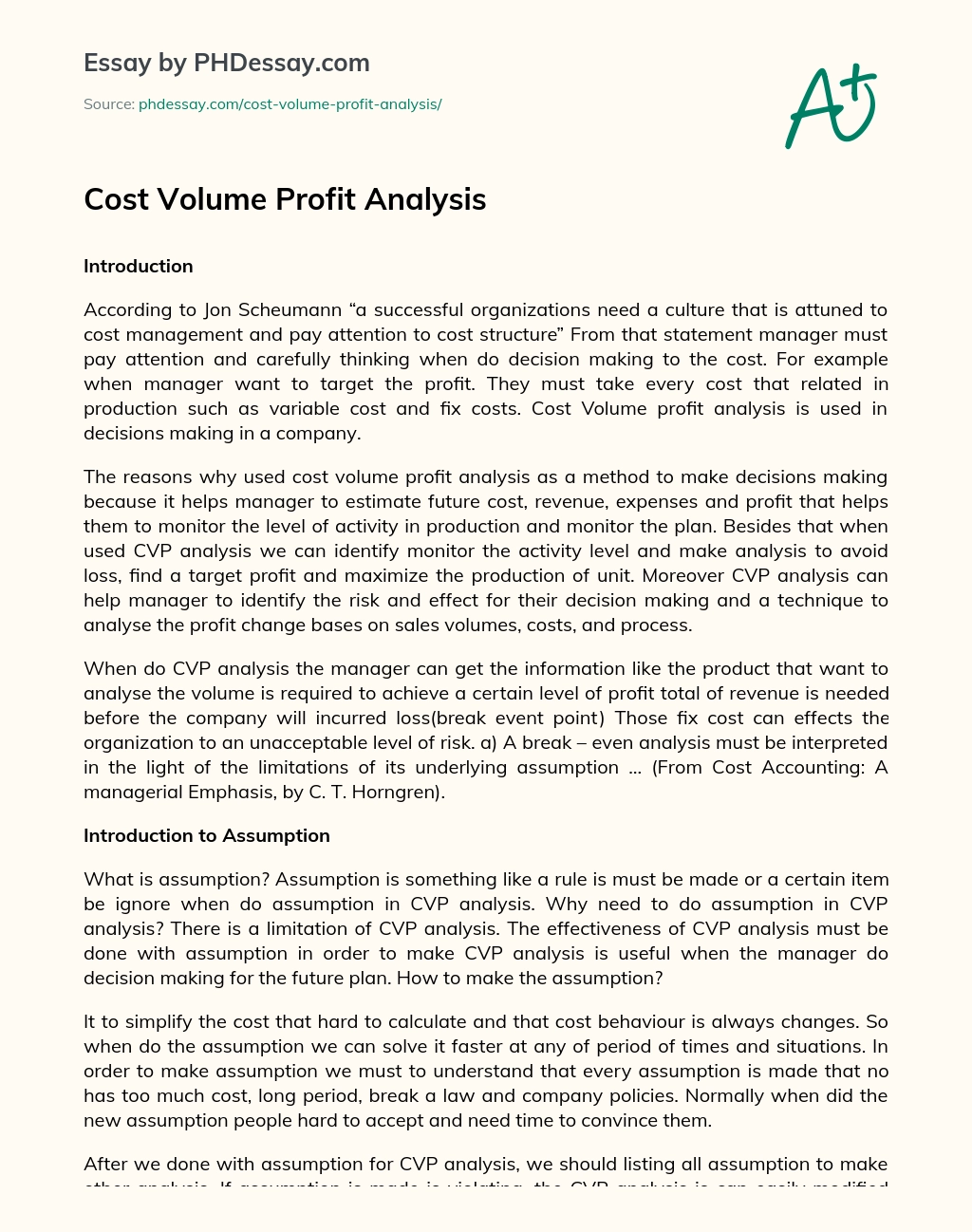 Cost Volume Profit Analysis essay