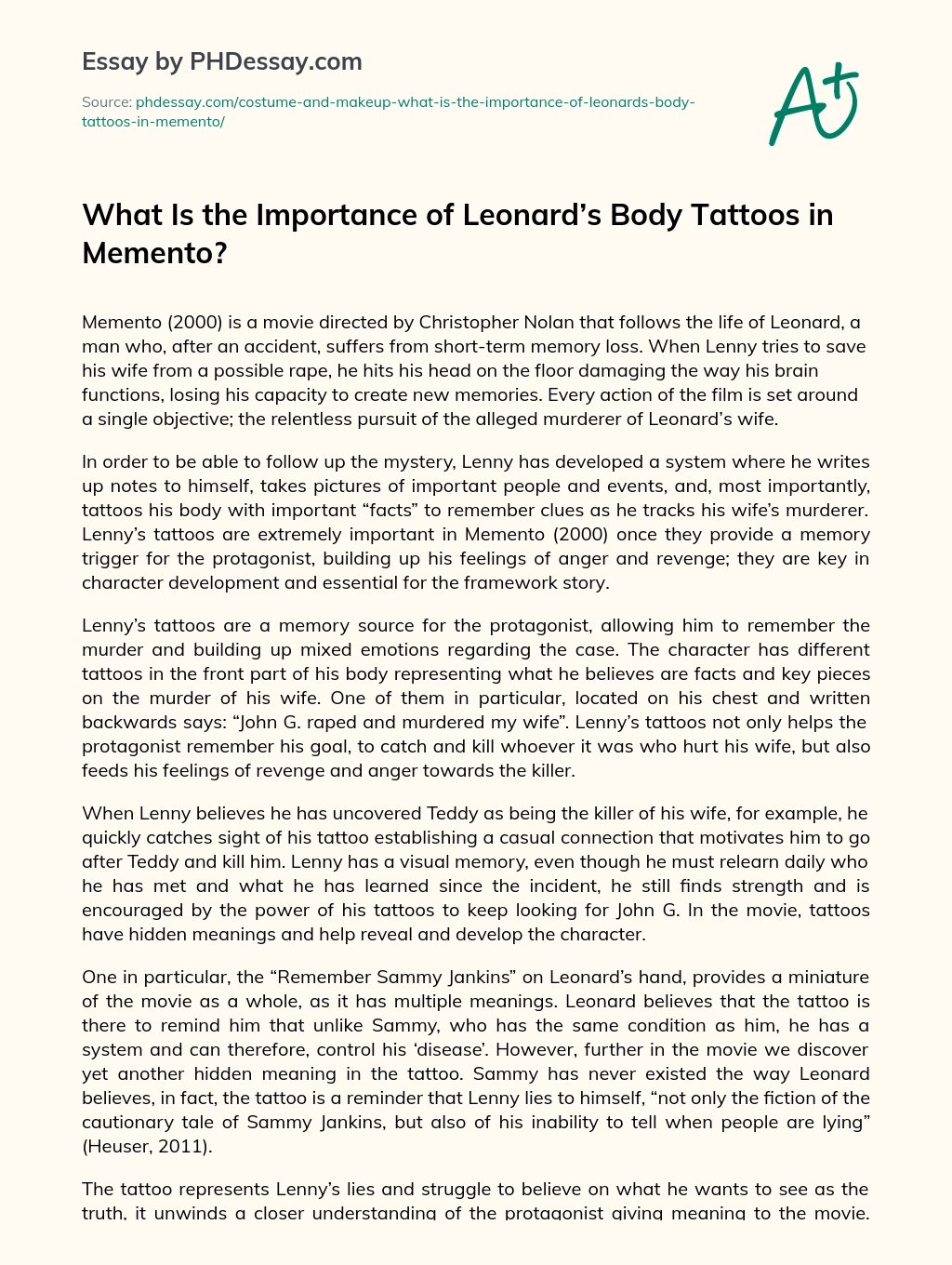 What Is the Importance of Leonard’s Body Tattoos in Memento? essay