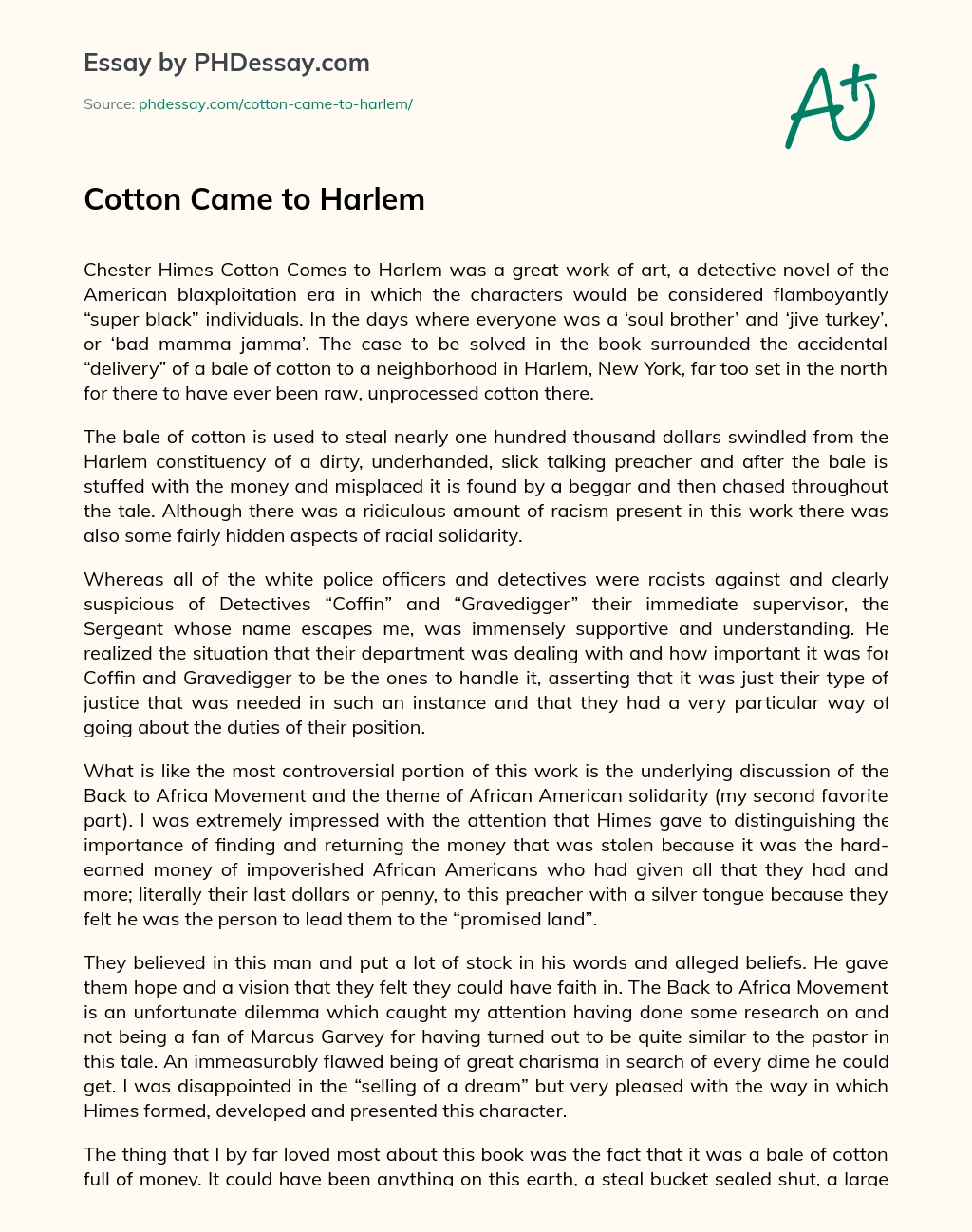 Cotton Came to Harlem essay