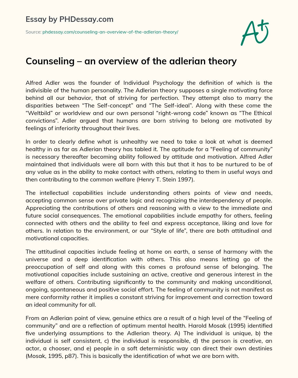Counseling – an overview of the adlerian theory essay