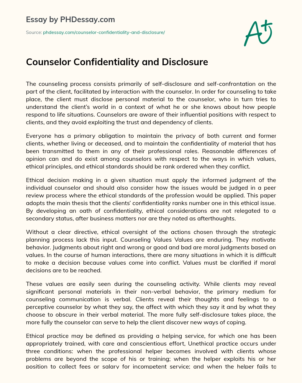 Counselor Confidentiality and Disclosure essay