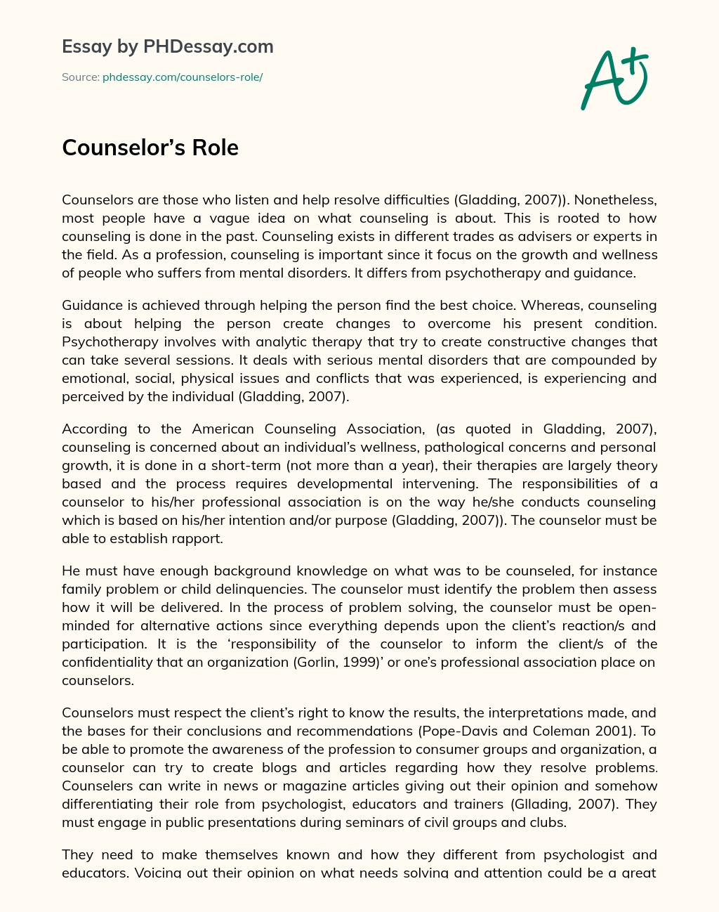 Counselor’s Role essay