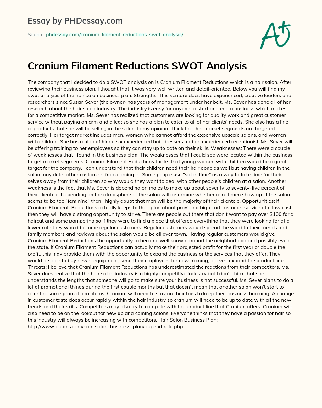 Cranium Filament Reductions SWOT Analysis essay