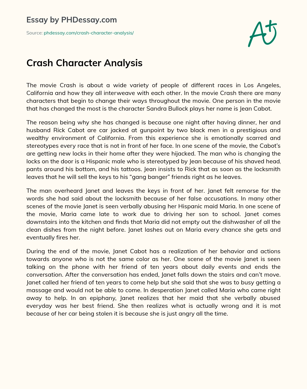 Crash Character Analysis essay