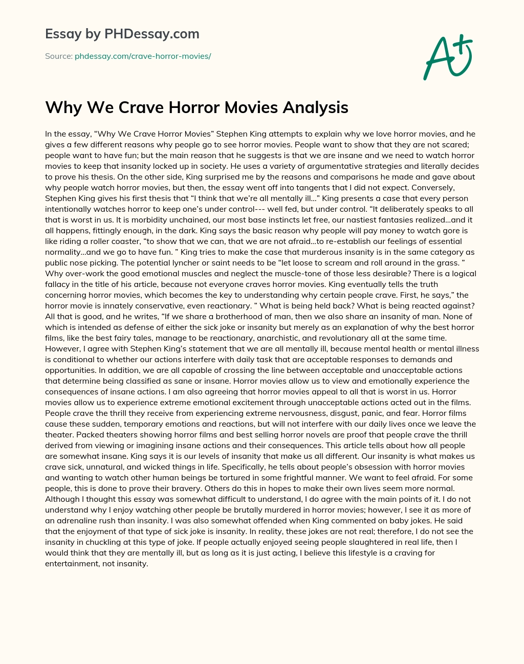 Why We Crave Horror Movies Analysis essay