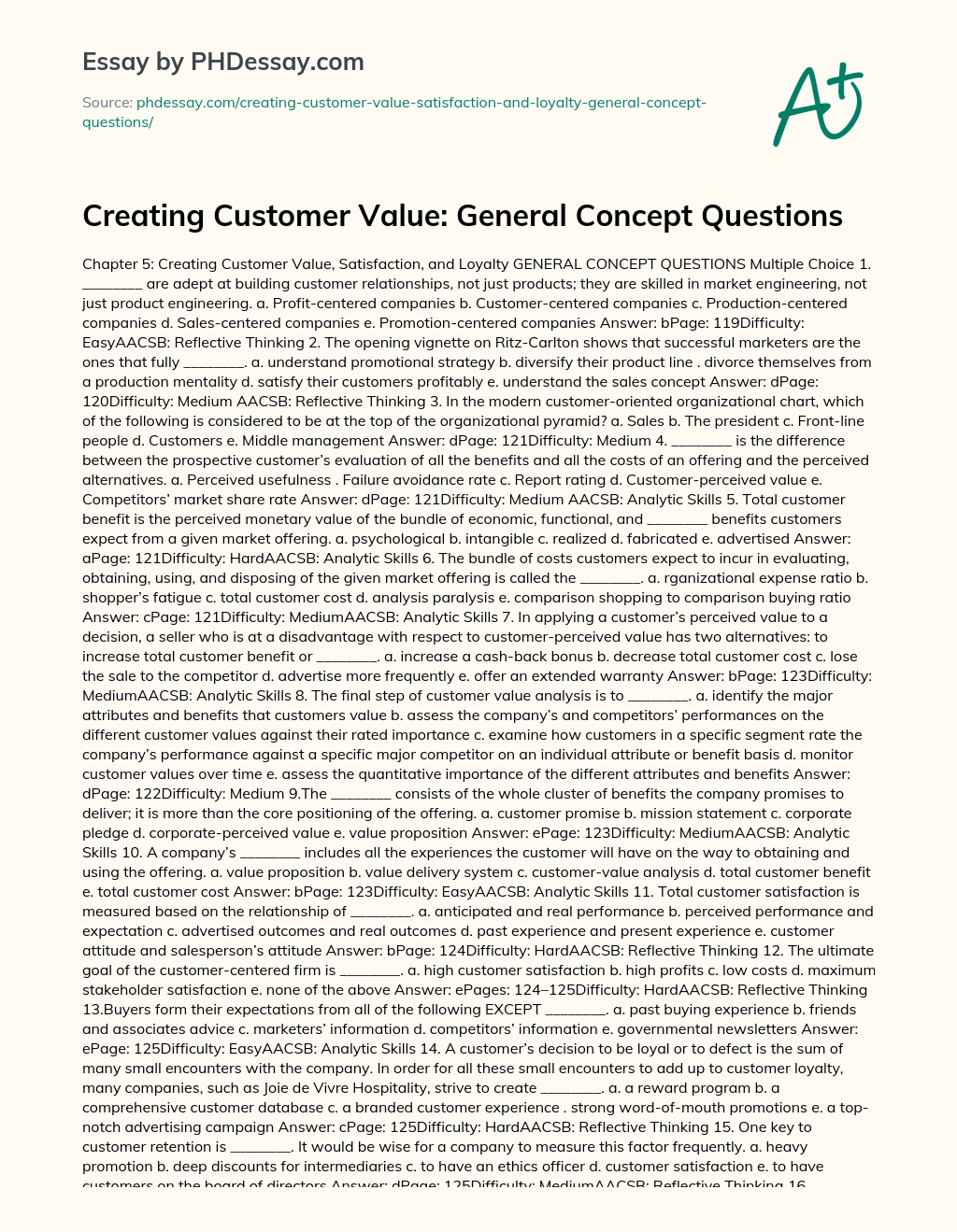 Creating Customer Value: General Concept Questions essay
