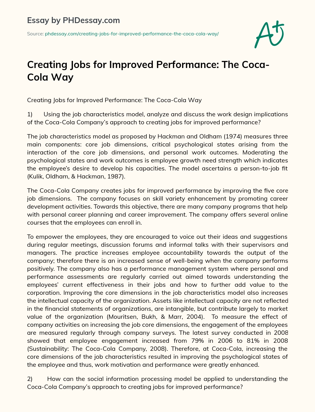 Creating Jobs for Improved Performance: The Coca-Cola Way essay