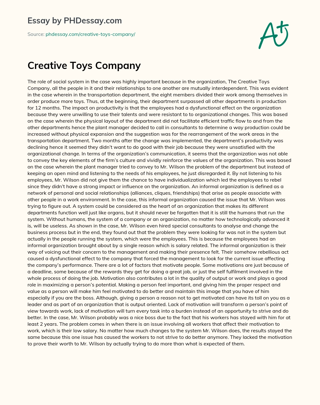 Creative Toys Company essay