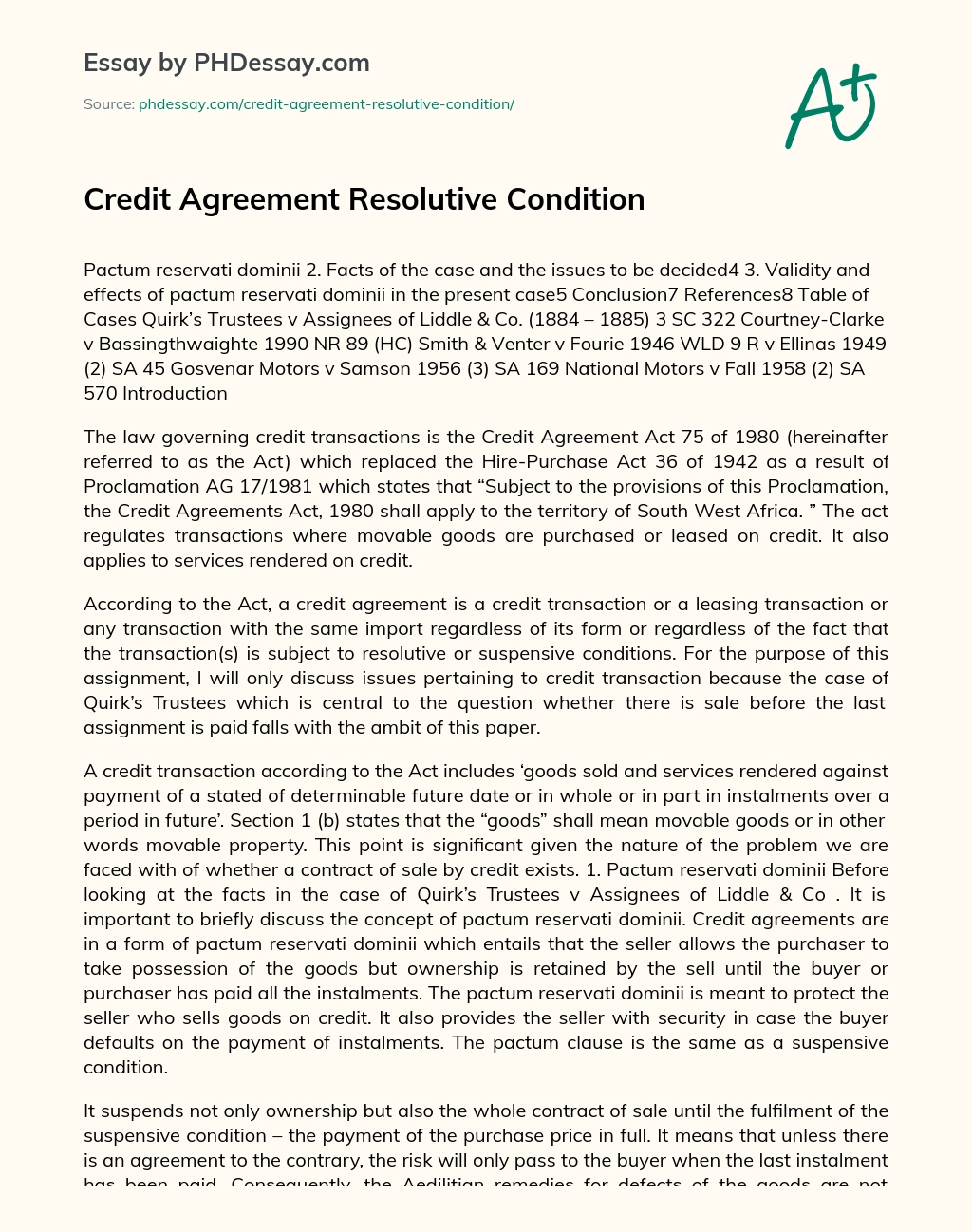 Credit Agreement Resolutive Condition essay