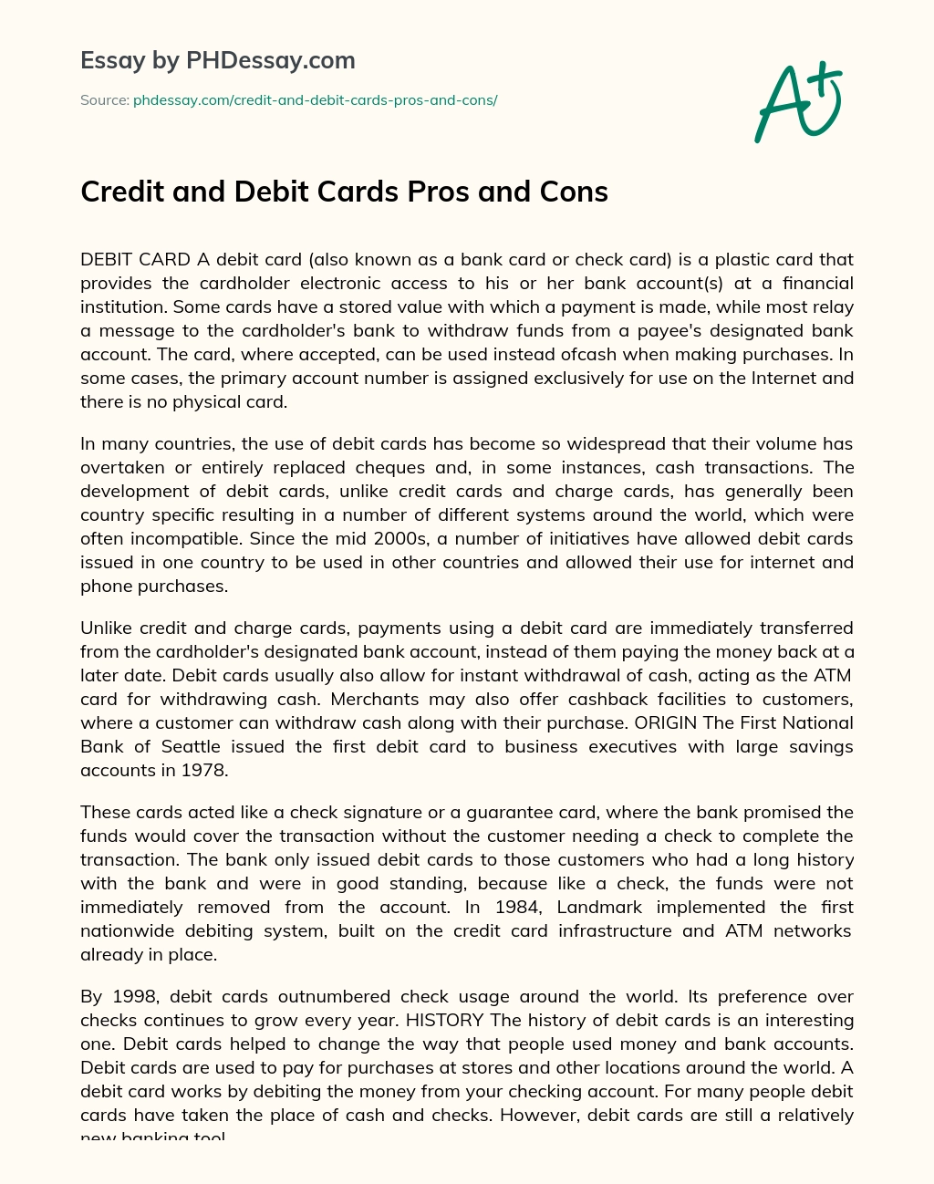 Credit and Debit Cards Pros and Cons essay
