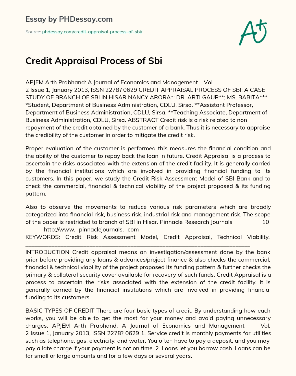 Credit Appraisal Process of Sbi essay