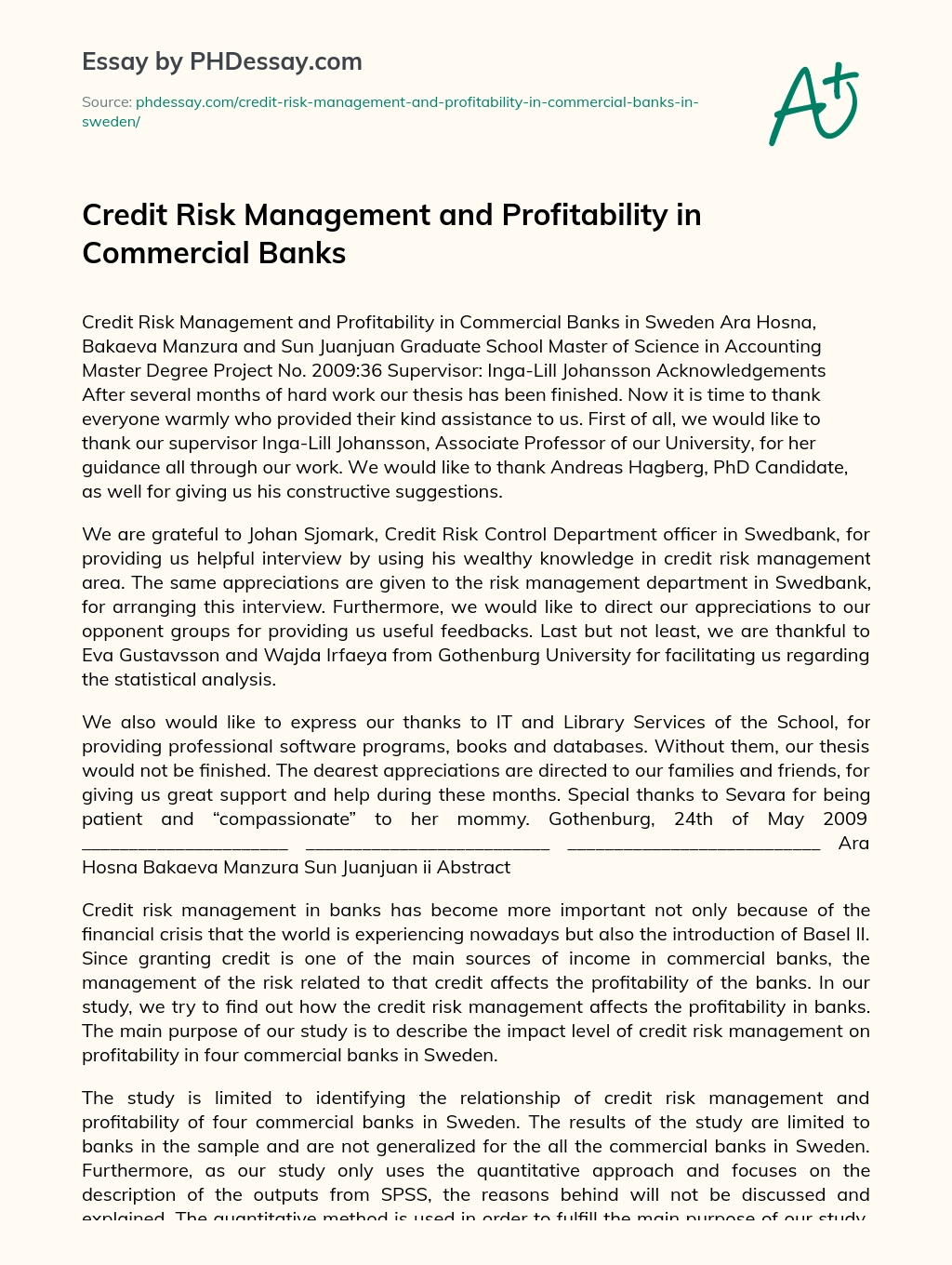 Credit Risk Management and Profitability in Commercial Banks essay