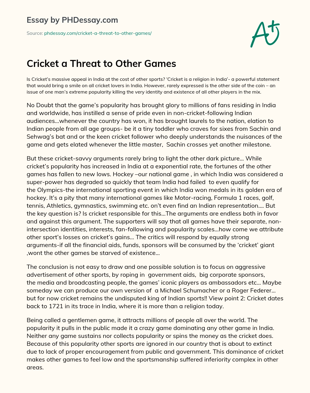 Cricket a Threat to Other Games essay