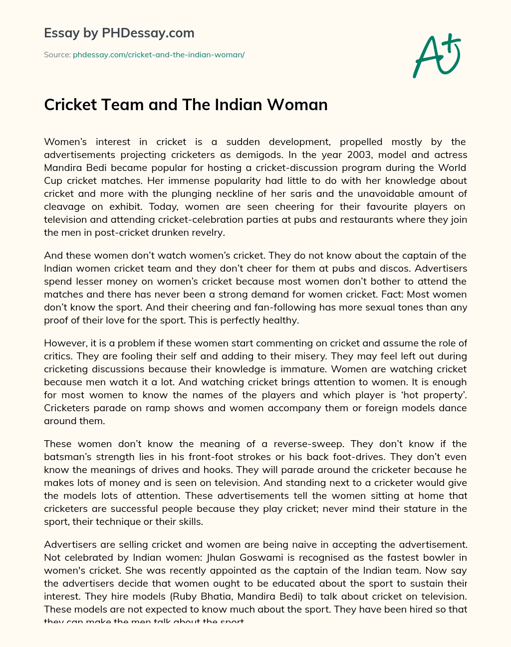 Cricket Team and The Indian Woman essay