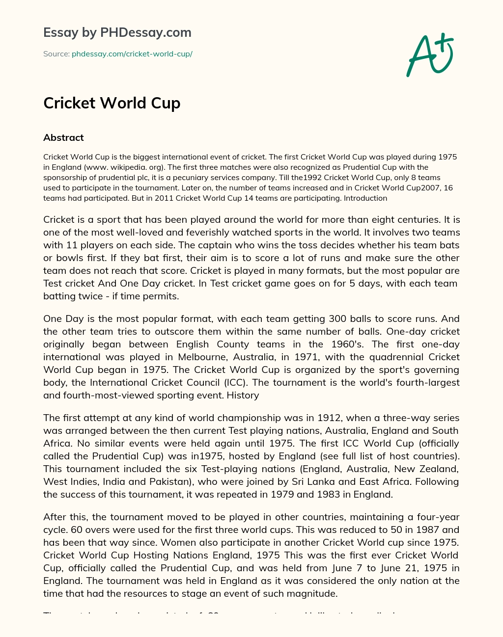 essay on cricket world cup