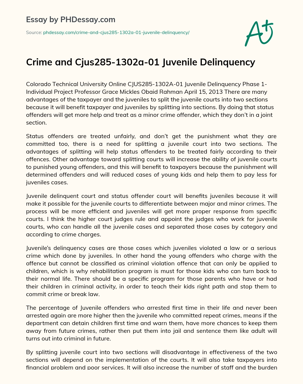 Crime and Cjus285-1302a-01 Juvenile Delinquency essay