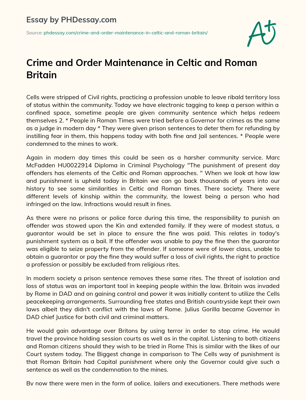 Crime and Order Maintenance in Celtic and Roman Britain essay