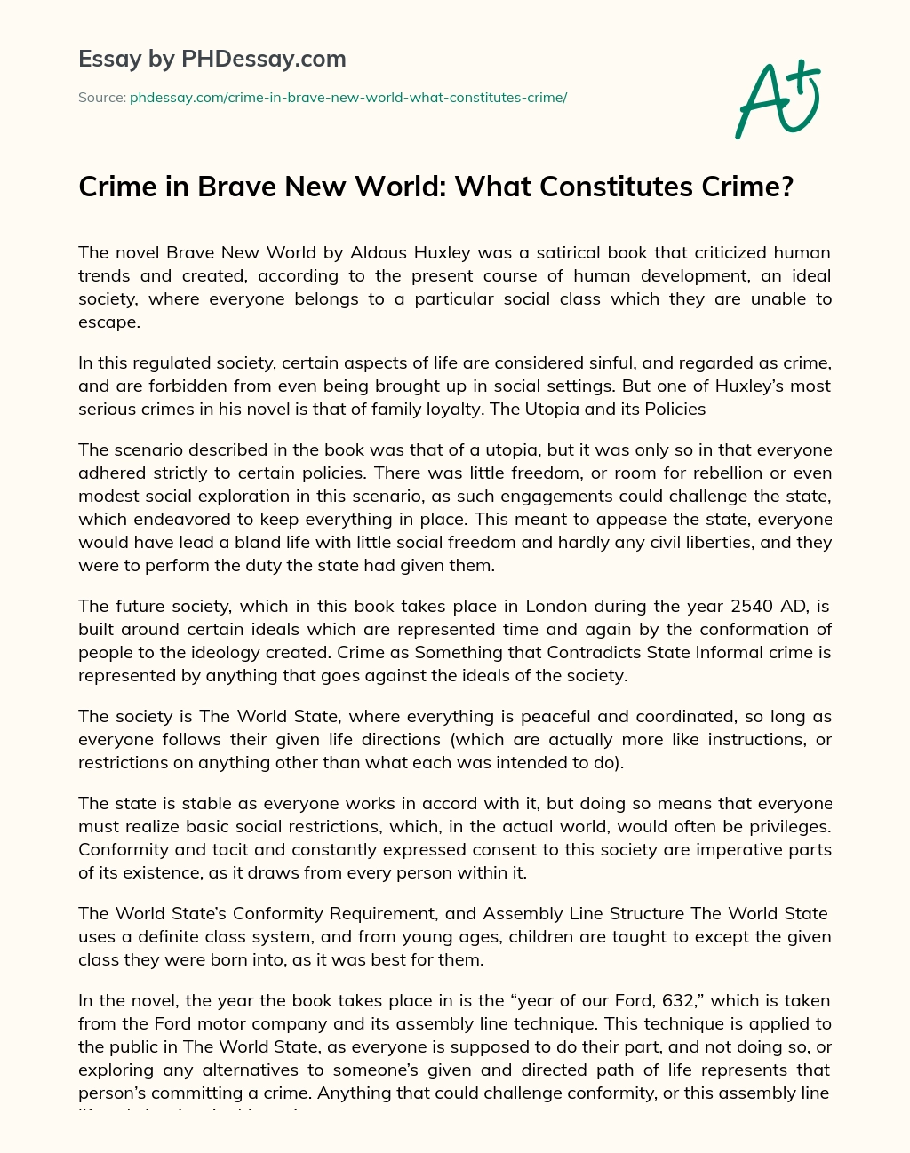 Crime in Brave New World: What Constitutes Crime? essay