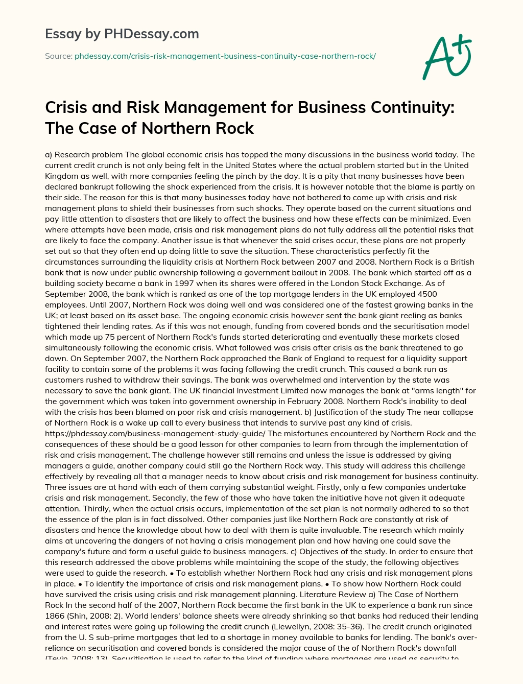 Crisis and Risk Management for Business Continuity: The Case of Northern Rock essay