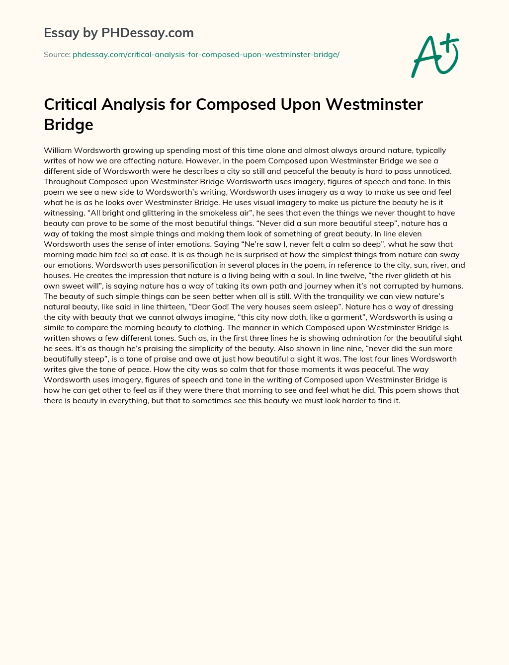 Critical Analysis for Composed Upon Westminster Bridge essay