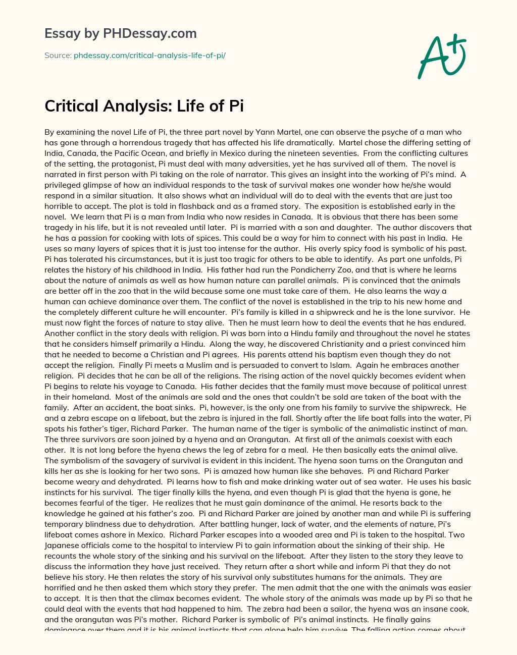 Critical Analysis: Life of Pi essay