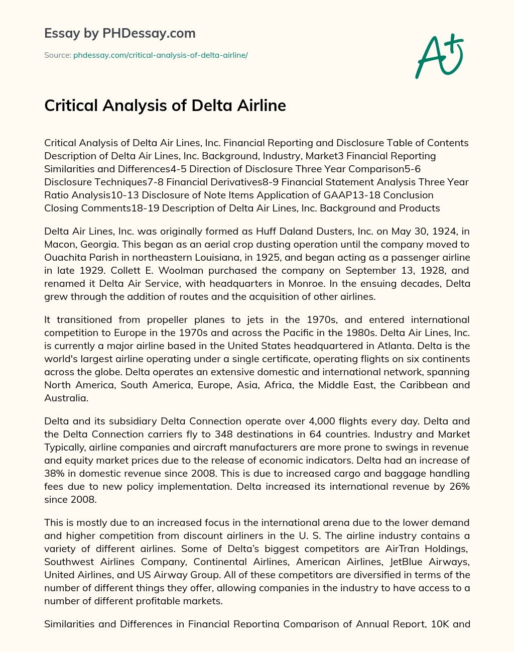 Critical Analysis of Delta Airline essay
