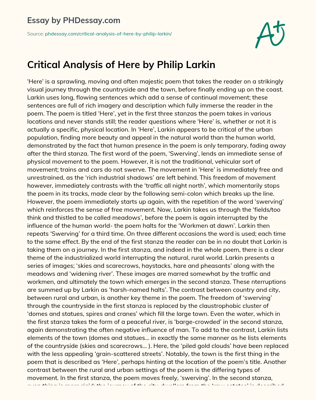 Critical Analysis of Here by Philip Larkin essay
