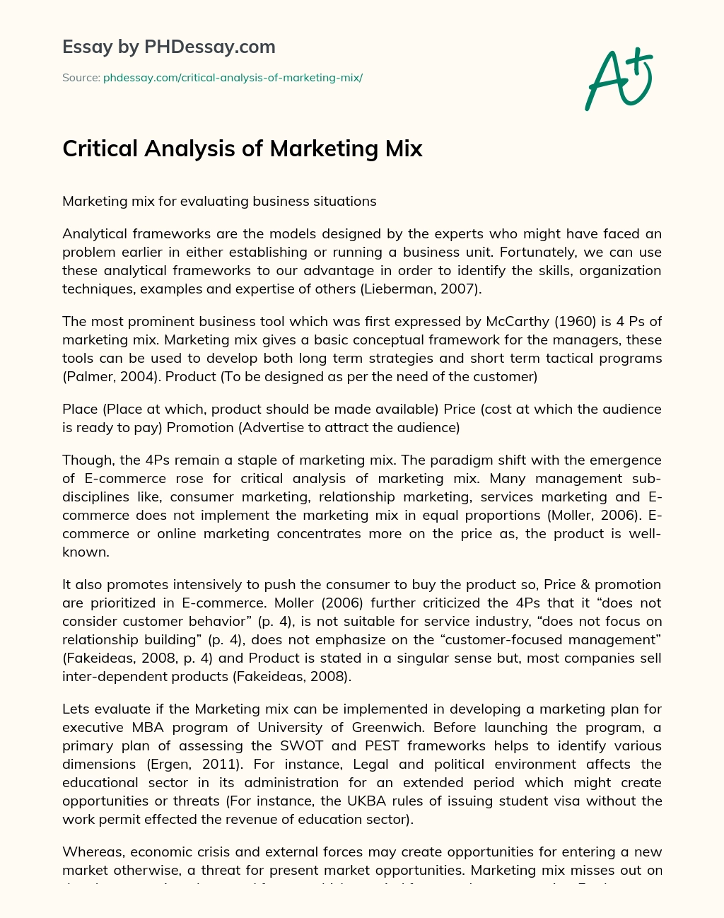 Critical Analysis of Marketing Mix essay