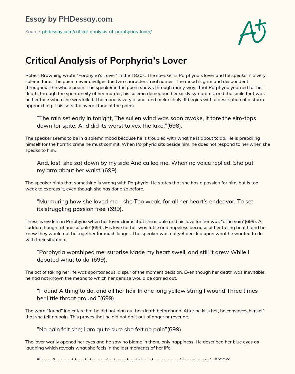 Critical Analysis of Porphyria’s Lover essay