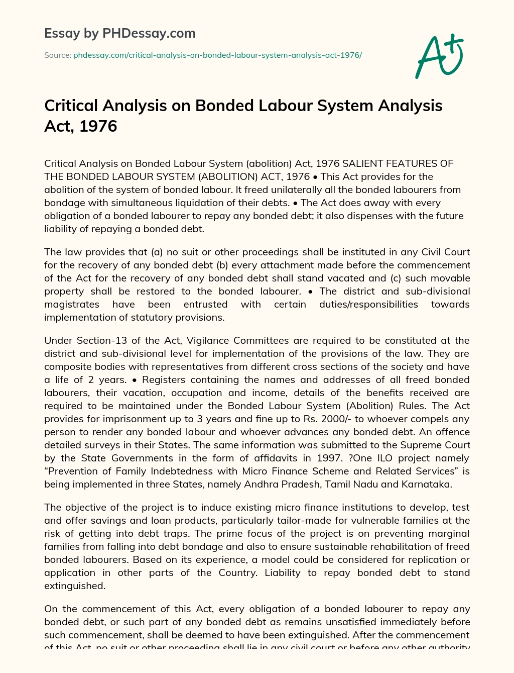 Critical Analysis on Bonded Labour System Analysis Act, 1976 essay